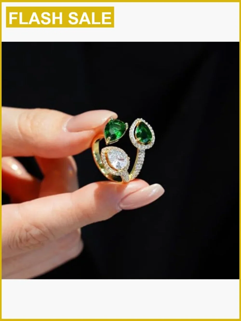 18K Gold Plated Pear-Shaped Statement Ring, Adjustable CZ Ring, Non-Tarnish